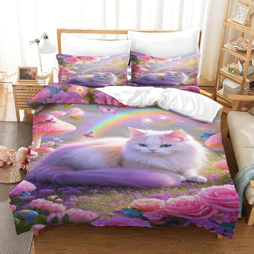 XPASHIQWC 3D Druck Persische Katze Bettwäsche Set Mikrofaser Regenbogen rosa Blumen Mit Verstecktem Reißverschluss, Für Kinder, Teens, Moderne Schlafzimmer Dekor King（220x240cm） von XPASHIQWC