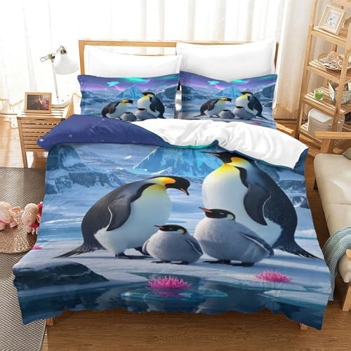 XPASHIQWC 3D Druck Pinguin Bettwäsche Set Aurora Gletscher Mit Verstecktem Reißverschluss, Für Kinder, Teens, Schlafzimmer Dekor King（220x240cm） von XPASHIQWC