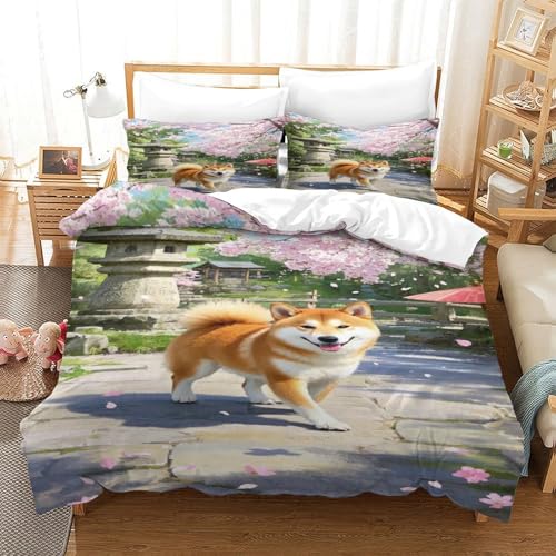 XPASHIQWC 3D Druck Shiba Inu Bettwäsche Set Cherry Blossom Mit Verstecktem Reißverschluss, Für Kinder, Teens, Schlafzimmer Dekor Double（200x200cm） von XPASHIQWC