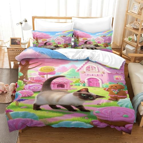 XPASHIQWC 3D Druck Siamische Katze Bettwäsche Set Süßigkeiten Land Mit Verstecktem Reißverschluss, Mikrofaser Für Kinder, Teens, Schlafzimmer Dekor Double（200x200cm） von XPASHIQWC