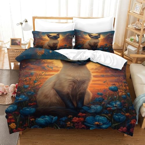 XPASHIQWC 3D Druck Siamisches Kätzchen Bettbezug Bettwäsche Set Flower Field Cat Mit Verstecktem Reißverschluss, Für Kinder, Teens, Schlafzimmer Dekor King（220x240cm） von XPASHIQWC