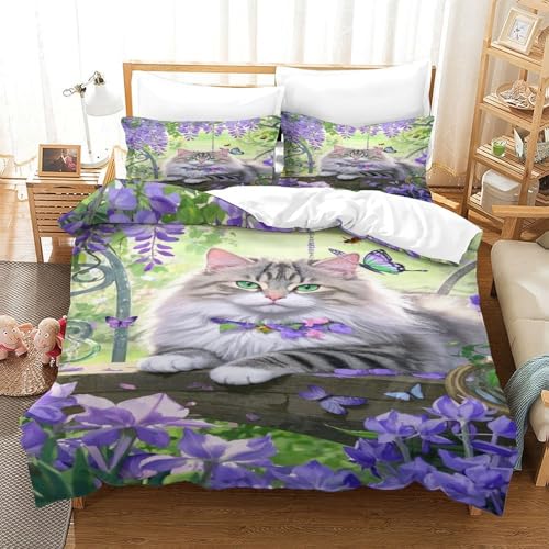XPASHIQWC 3D Druck Sibirische Katze Bettbezug Bettwäsche Set Wisteria Blumen Mit Verstecktem Reißverschluss, Für Kinder, Teens, Schlafzimmer Dekor King（220x240cm） von XPASHIQWC