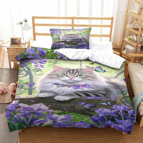XPASHIQWC 3D Druck Sibirische Katze Bettwäsche Set Mikrofaser Wisteria Blumen Mit Reißverschluss, Für Kinder, Jungen, Mädchen, Schlafzimmer Dekor Single（135x200cm） von XPASHIQWC
