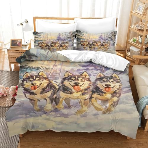 XPASHIQWC 3D Druck Sibirischer Husky Bettbezug Bettwäsche Set Forest Snowfield Mit Verstecktem Reißverschluss, Für Kinder, Teens, Schlafzimmer Dekor Double（200x200cm） von XPASHIQWC