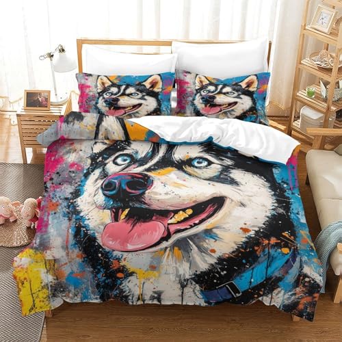 XPASHIQWC 3D Druck Sibirischer Husky Bettwäsche Set Street Graffiti Mit Verstecktem Reißverschluss, Für Kinder, Teens, Schlafzimmer Dekor Double（200x200cm） von XPASHIQWC