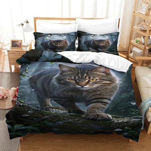 XPASHIQWC 3D Druck Tabby Katze Bettbezug Mit Kissenbezügen Mondnachtwald Versteckter Reißverschluss, Für Teens, Weiche Quilt Cover Schlafzimmer Dekor Double（200x200cm） von XPASHIQWC