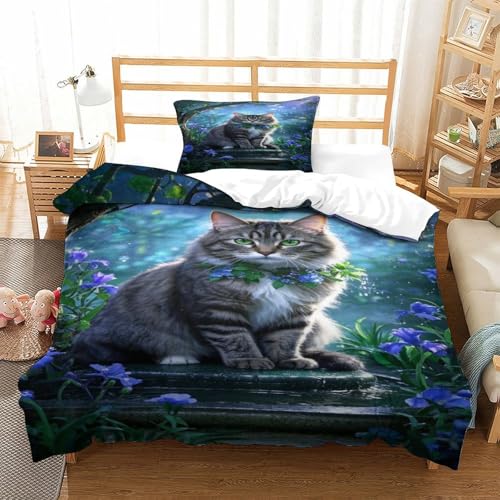 XPASHIQWC 3D Druck Tabby Katze Bettbezug Set Waldblaue Blume Mit Kissenbezügen, Versteckter Reißverschluss Für Kinder, Teens, Schlafzimmer Dekor Single（135x200cm） von XPASHIQWC