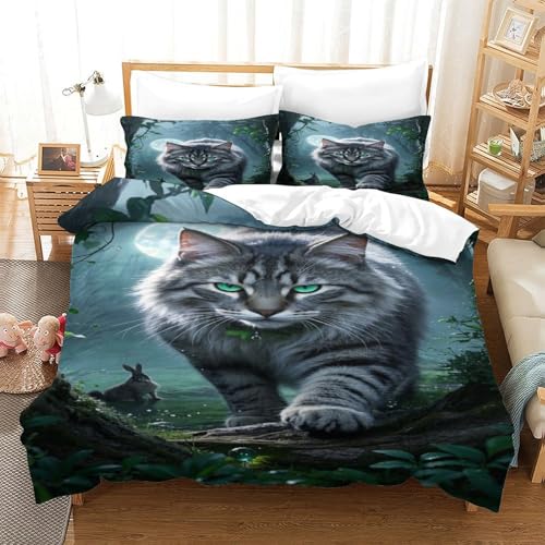 XPASHIQWC 3D Druck Tabby Katze Bettwäsche Set Mikrofaser Mondnachtwald Mit Reißverschluss, Für Kinder, Jungen, Mädchen, Schlafzimmer Dekor Double（200x200cm） von XPASHIQWC