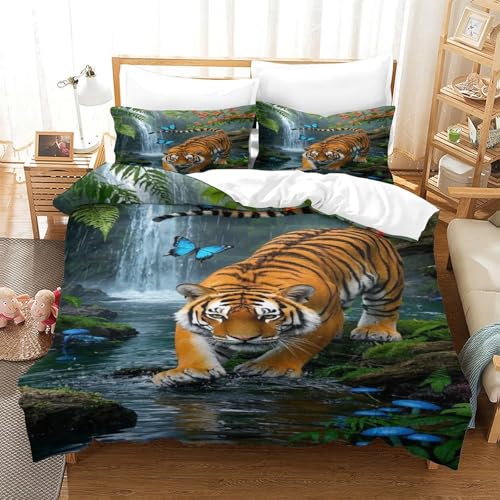 XPASHIQWC 3D Druck Tiger Bettbezug Set Waldwasserfälle Mit Kissenbezügen, Versteckter Reißverschluss Für Kinder, Teens King（220x240cm） von XPASHIQWC