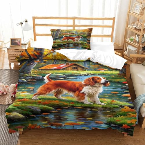 XPASHIQWC 3D Druck Welischer Springer Spaniel Bettbezug Set Waldstrom Mit Kissenbezügen, Versteckter Reißverschluss Für Kinder, Teens, Schlafzimmer Dekor Single（135x200cm） von XPASHIQWC