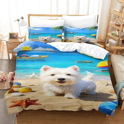 XPASHIQWC 3D Druck West Highland Weißer Terrier Bettbezug Bettwäsche Set Summer Beach Mit Verstecktem Reißverschluss, Für Kinder, Teens, Schlafzimmer Dekor King（220x240cm） von XPASHIQWC