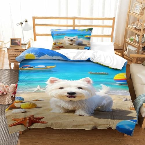 XPASHIQWC 3D Druck West Highland Weißer Terrier Bettwäsche Set Mikrofaser Summer Beach Mit Reißverschluss, Für Kinder, Jungen, Mädchen, Schlafzimmer Dekor Single（135x200cm） von XPASHIQWC