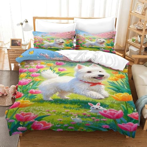 XPASHIQWC 3D Druck West Highland Weißer Terrier Bettwäsche Set Tulpen Blumen Meer Mit Verstecktem Reißverschluss, Für Kinder, Teens, Schlafzimmer Dekor King（220x240cm） von XPASHIQWC