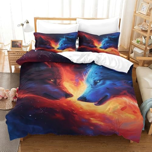 XPASHIQWC 3D Druck Wölfe Mikrofaser Bettbezug Fantasy Flamme Mit Verstecktem Reißverschluss Und Kissenbezügen, Für Erwachsene Schlafzimmer Dekor King（220x240cm） von XPASHIQWC