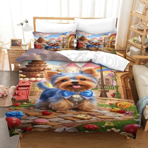 XPASHIQWC 3D Druck Yorkshire Terrier Bettbezug Bettwäsche Set Candy Stadt Mit Verstecktem Reißverschluss, Für Kinder, Teens, Schlafzimmer Dekor Double（200x200cm） von XPASHIQWC