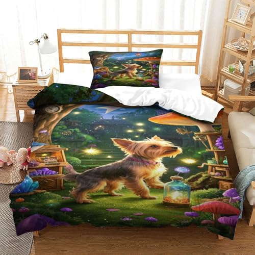 XPASHIQWC 3D Druck Yorkshire Terrier Bettbezug Mit Kissenbezügen Waldpilze Versteckter Reißverschluss, Für Teens, Weiche Quilt Cover Schlafzimmer Dekor Single（135x200cm） von XPASHIQWC