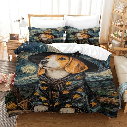 XPASHIQWC 3D Gedruckte Beagle Hunde Bettbezug Set Wizard Costume Mit Verstecktem Reißverschluss, Mikrofaser Für Kinder, Jungen, Mädchen, Schlafzimmer Dekor King（220x240cm） von XPASHIQWC