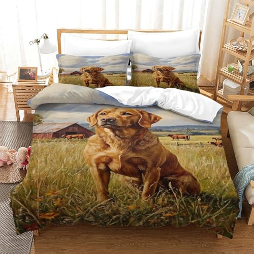 XPASHIQWC 3D Gedruckte Goldener Retriever Bettbezug Set Bauernhof Gras Mit Reißverschluss, Für Kinder, Jungen, Mädchen, Moderne Schlafzimmer Dekor Double（200x200cm） von XPASHIQWC
