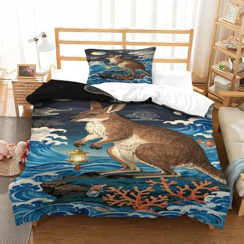XPASHIQWC 3D Gedruckte Kanguru Bettbezug Set Mondnacht Wellen Mit Verstecktem Reißverschluss, Mikrofaser Für Kinder, Jungen, Mädchen, Schlafzimmer Dekor Single（135x200cm） von XPASHIQWC