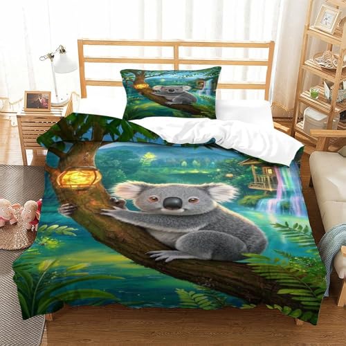 XPASHIQWC 3D Gedruckte Koala Bettbezug Set Der verzauberte Wald Mikrofaser Mit Reißverschluss, Für Kinder, Jungen, Mädchen, Schlafzimmer Dekor Single（135x200cm） von XPASHIQWC