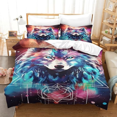 XPASHIQWC 3D Gedruckte Kosmischer Wolf Bettbezug Set Geometric Patterns Mikrofaser Mit Reißverschluss, Für Kinder, Jungen, Mädchen, Bettwäsche Set King（220x240cm） von XPASHIQWC