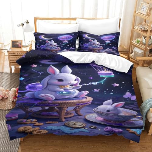 XPASHIQWC 3D Gedruckte Lop-Eared Kaninchen Bettbezug Set Magische Mondnacht Mikrofaser Mit Reißverschluss, Für Kinder, Jungen, Mädchen, Schlafzimmer Dekor King（220x240cm） von XPASHIQWC