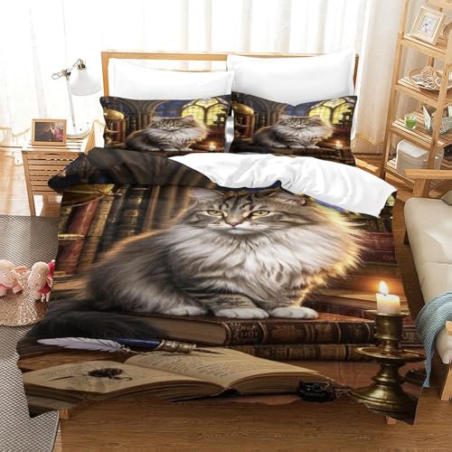XPASHIQWC 3D Gedruckte Maine Coon Katze Bettbezug Set Bibliotheksstudienzimmer Mikrofaser Mit Reißverschluss, Für Kinder, Jungen, Mädchen, Bettwäsche Set King（220x240cm） von XPASHIQWC