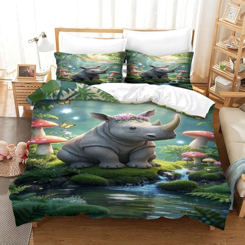 XPASHIQWC 3D Gedruckte Nashörner Bettbezug Set Waldstrom Mit Verstecktem Reißverschluss, Für Kinder, Teens, Erwachsene Schlafzimmer Dekor King（220x240cm） von XPASHIQWC