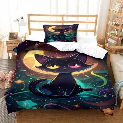 XPASHIQWC 3D Gedruckte Niedliche Katze Bettwäsche Set Mikrofaser Cosmic Background Mit Reißverschluss, Soft Microfiber Quilt Cover Für Schlafzimmer Single（135x200cm） von XPASHIQWC