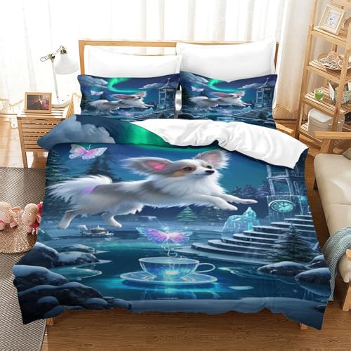 XPASHIQWC 3D Gedruckte Papillon Welpen Bettbezug Set Aurora Wald Mit Verstecktem Reißverschluss, Mikrofaser Für Kinder, Jungen, Mädchen, Schlafzimmer Dekor Double（200x200cm） von XPASHIQWC