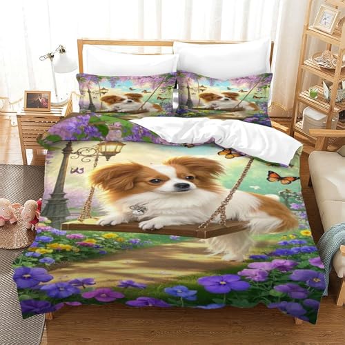 XPASHIQWC 3D Gedruckte Papillon Welpen Bettbezug Set Swing Wisteria Blume Mit Reißverschluss, Für Kinder, Jungen, Mädchen, Moderne Schlafzimmer Dekor Double（200x200cm） von XPASHIQWC