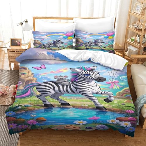 XPASHIQWC 3D Gedruckte Regenbogen Zebra Bettbezug Set Fantasyland Mit Verstecktem Reißverschluss, Mikrofaser Für Kinder, Jungen, Mädchen, Schlafzimmer Dekor Double（200x200cm） von XPASHIQWC