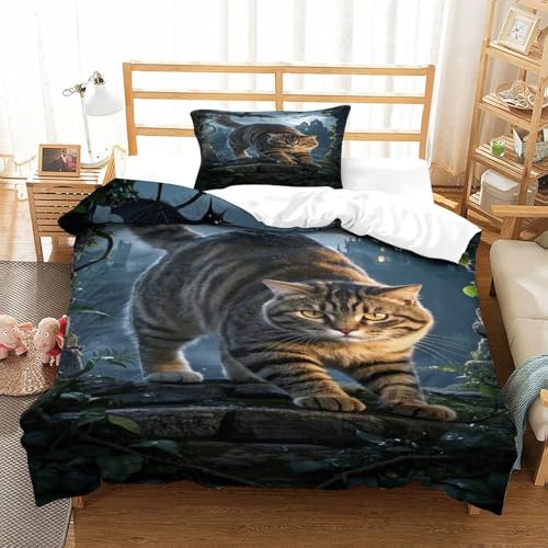 XPASHIQWC 3D Gedruckte Tabby Katze Bettbezug Set Mondnacht Schloss Mit Reißverschluss, Für Kinder, Jungen, Mädchen, Moderne Schlafzimmer Dekor Single（135x200cm） von XPASHIQWC