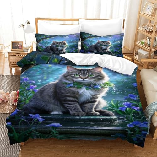 XPASHIQWC 3D Gedruckte Tabby Katze Bettbezug Set Waldblaue Blume Mit Reißverschluss, Für Kinder, Jungen, Mädchen, Moderne Schlafzimmer Dekor Double（200x200cm） von XPASHIQWC