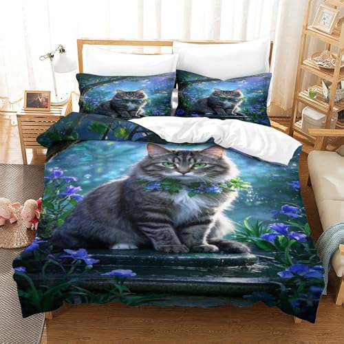 XPASHIQWC 3D Gedruckte Tabby Katze Bettbezug Set Waldblaue Blume Mit Verstecktem Reißverschluss, Mikrofaser Für Kinder, Jungen, Mädchen, Schlafzimmer Dekor King（220x240cm） von XPASHIQWC