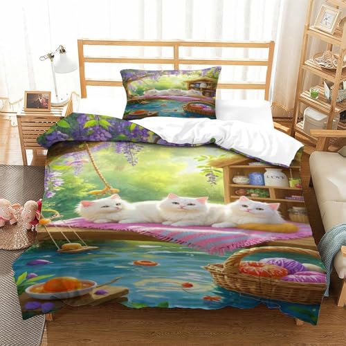 XPASHIQWC 3D Gedruckte Weiße Katze Bettbezug Set Wisteria Garten Mit Reißverschluss, Für Kinder, Jungen, Mädchen, Moderne Schlafzimmer Dekor Single（135x200cm） von XPASHIQWC
