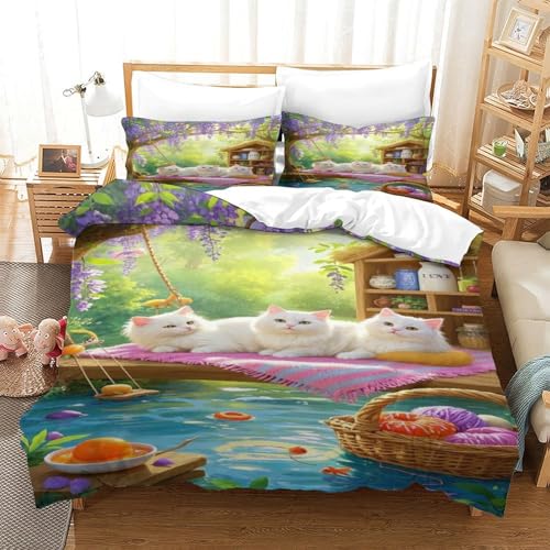 XPASHIQWC 3D Gedruckte Weiße Katze Bettbezug Set Wisteria Garten Mit Verstecktem Reißverschluss, Mikrofaser Für Kinder, Jungen, Mädchen, Schlafzimmer Dekor King（220x240cm） von XPASHIQWC