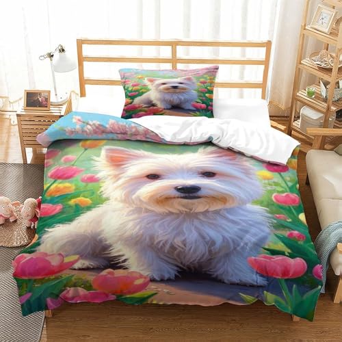 XPASHIQWC 3D Gedruckte West Highland Weißer Terrier Bettbezug Set Tulpen Blumen Meer Mit Verstecktem Reißverschluss, Mikrofaser Für Kinder, Jungen, Mädchen, Schlafzimmer Dekor Single（135x200cm） von XPASHIQWC