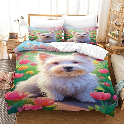 XPASHIQWC 3D Gedruckte West Highland Weißer Terrier Bettwäsche Set Mikrofaser Tulpen Blumen Meer Mit Reißverschluss, Soft Microfiber Quilt Cover Für Schlafzimmer King（220x240cm） von XPASHIQWC