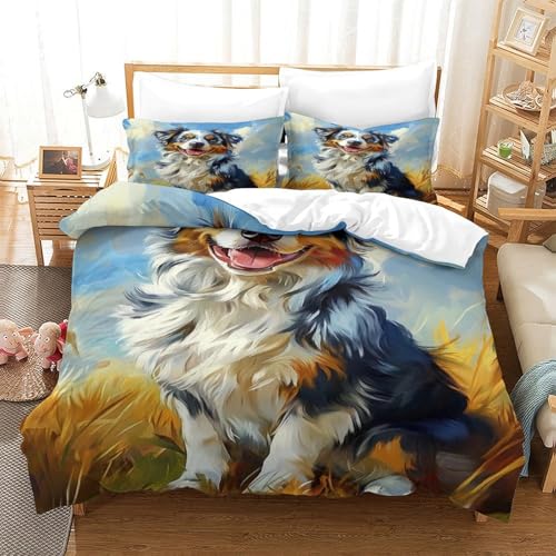 XPASHIQWC Australischer Schäfer 3-teiliges 3D Gedrucktes Microfaser Bettbezug Set Blauer Himmel Grasland Mit Kissenbezügen, Für Schlafzimmer, Schlafsaal Dekor Double（200x200cm） von XPASHIQWC