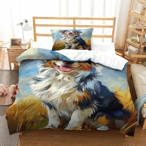 XPASHIQWC Australischer Schäfer 3D Druck 3-teiliges Blauer Himmel Grasland Mit Reißverschluss, Für Kinder, Jungen, Teens, Weiche Quilt Cover Schlafzimmer Dekor Single（135x200cm） von XPASHIQWC