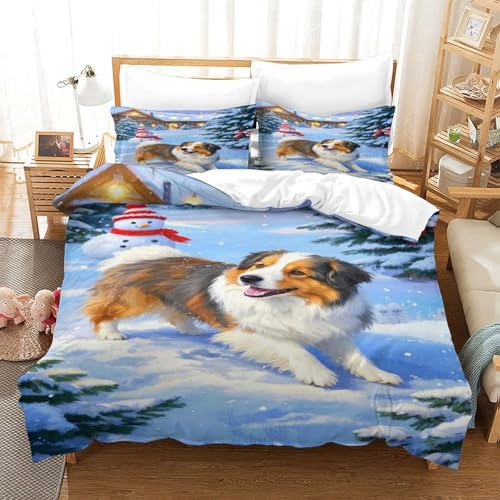 XPASHIQWC Australischer Schäfer 3D Gedruckte 3-teiliger Komfortbezug Wald Schneehäuse Mit Kissenbezügen Versteckter Reißverschluss Für Erwachsene Schlafzimmer Dekoration Double（200x200cm） von XPASHIQWC