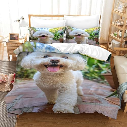 XPASHIQWC Bichon Frise 3-teiliges 3D Druck Bettwäsche Set Innenhof im Freien Mikrofaser Mit Reißverschluss, Für Erwachsene Schlafzimmer Dekoration Double（200x200cm） von XPASHIQWC