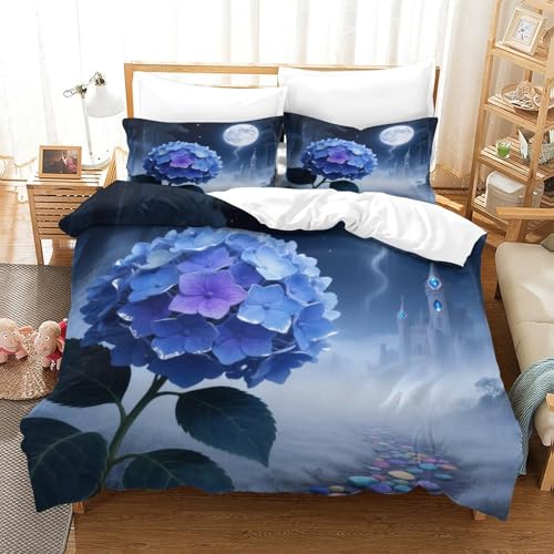 XPASHIQWC Blue - Purple Hydrangea 3-teilige 3D Gedruckte Tröster Abdeckung Moonlight Castle Mikrofaser Mit Reißverschluss, Für Moderne Schlafzimmer Dekor Double（200x200cm） von XPASHIQWC