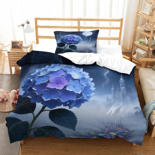 XPASHIQWC Blue - Purple Hydrangea 3D Druck Bettwäsche Set Moonlight Castle Mit Verstecktem Reißverschluss, Mikrofaser Für Moderne Schlafzimmer Dekoration Single（135x200cm） von XPASHIQWC