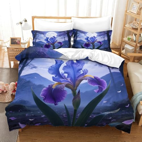 XPASHIQWC Blue - Purple Iris 3D Druck Bettwäsche Set Moonlight Forest Mit Verstecktem Reißverschluss, Mikrofaser Für Moderne Schlafzimmer Dekoration King（220x240cm） von XPASHIQWC
