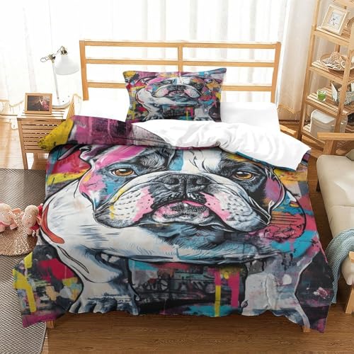 XPASHIQWC Bulldogs 3D-Druck Bettbezug 3-teiliges Bettwäsche Set Colorful Graffiti Versteckter Reißverschluss, Mikrofaser Für Kinder, Teens Single（135x200cm） von XPASHIQWC