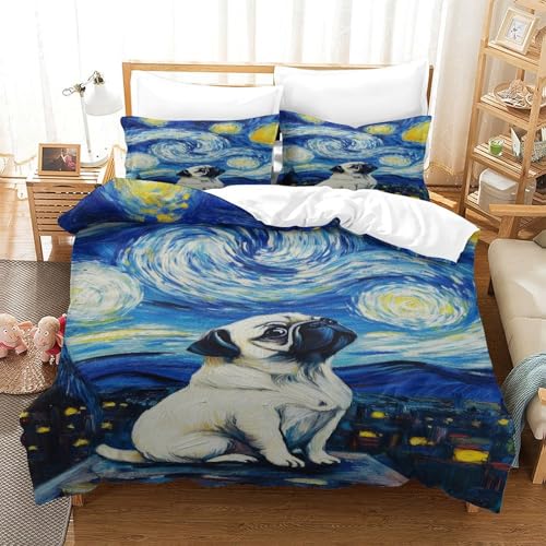 XPASHIQWC Bulldogs 3D Gedruckte 3-teiliger Komfortbezug Sternennacht Mit Kissenbezügen Versteckter Reißverschluss Für Erwachsene Schlafzimmer Dekoration King（220x240cm） von XPASHIQWC