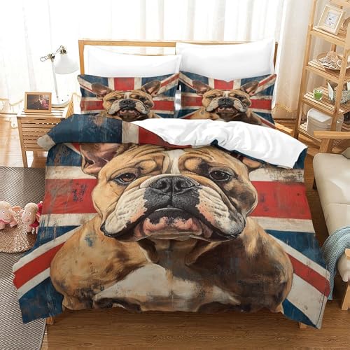 XPASHIQWC Bulldogs 3D Gedruckte Mikrofaser Bettbezug Set Britische Flagge Mit Reißverschluss, Für Schlafzimmer, Schlafsaal Dekor King（220x240cm） von XPASHIQWC