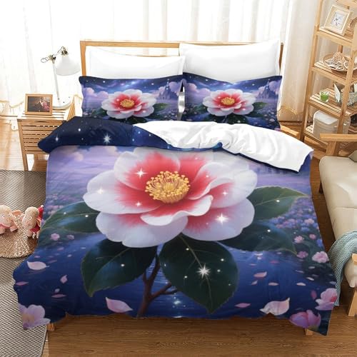 XPASHIQWC Camellia Japonica 3D Gedruckte Mikrofaser Bettbezug Set Starry Sky Castle Mit Verstecktem Reißverschluss, Für Teens, Schlafzimmer King（220x240cm） von XPASHIQWC